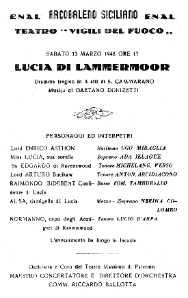 Playbill of Lucia di Lammermoor - 1948 Palermo