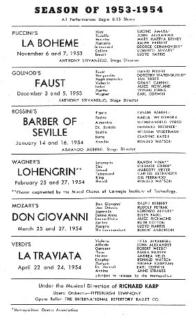 Locandina della Stagione Lirica 1953/54 del Metropolitan Opera House di Pittsburgh