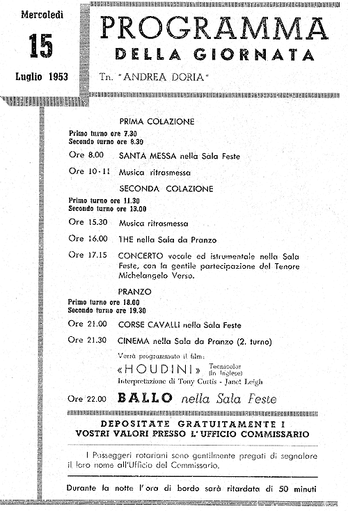 Programma della giornata del 15 Luglio 1953 sull' Andrea Doria