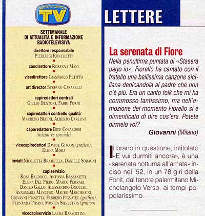 Un'articolo riguardante Michelangelo Verso pubblicato in Sorrisi e Canzoni Nr.22 del 2002